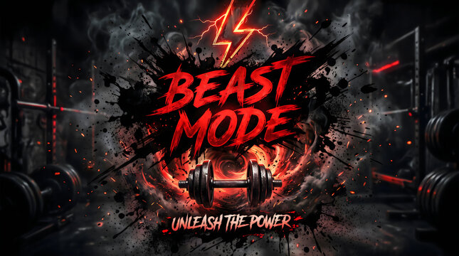 Beast mode gym concept illustration featuring heavy metal dumbbells with intense fire effects, lightning bolts, and aggressive red typography on a dark smoke background setting