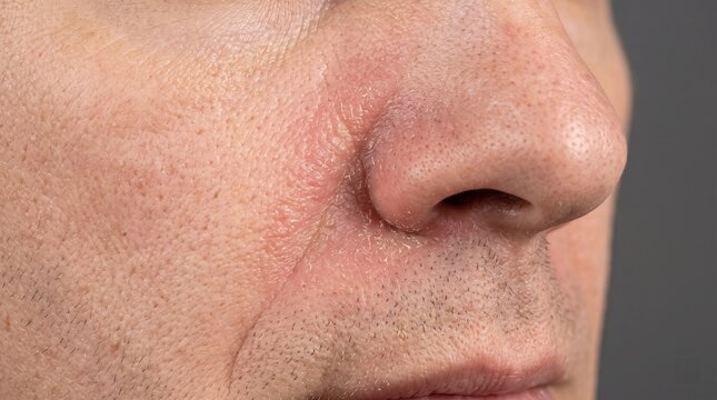 Close view of inflamed red skin and large pores on the cheek and nose of a male patient