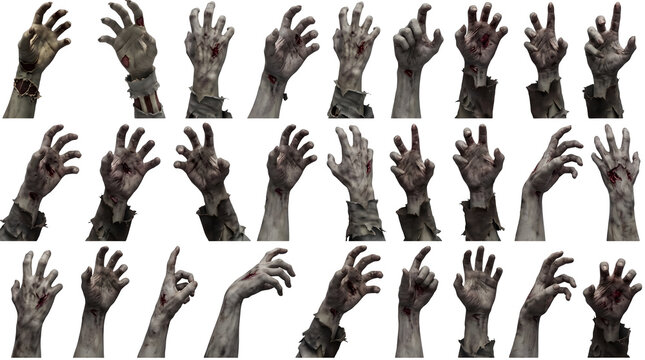 Creepy zombie hands png set with realistic decayed skin and dark claws for Halloween party poster, horror video game asset, spooky banner, isolated on white background