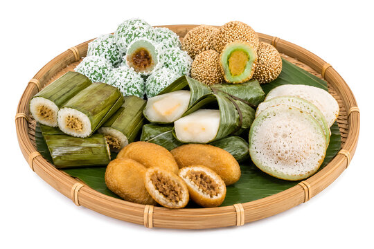 Assortment of Traditional Indonesian Market Snacks on a Bamboo Tray