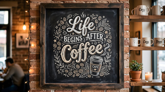 Coffee chalkboard sign featuring beautiful hand lettering typography and decorative coffee bean illustrations mounted on a rustic brick wall inside a cozy modern cafe atmosphere