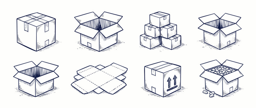 Cardboard box vector sketch set showing open, closed, and stacked packages for logistics, delivery, packaging, and moving service design icons isolated on white background web graphics element.