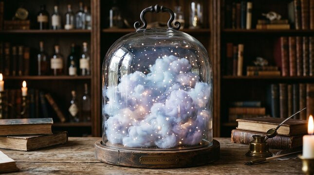 Cloud inside glass cloche with fairy lights on a vintage library desk