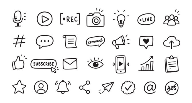 Hand drawn social media icon set in black outline doodle style with microphone play camera lightbulb live chat and upload symbols, with icon, handdrawn, doodle, outline detail
