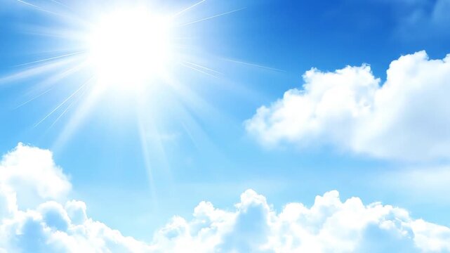 Bright shining sun with glowing rays in cloudy blue sky
