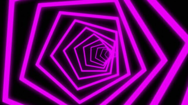 Magenta neon pentagon tunnel animation loop background. Glowing pink geometric shape infinite zoom motion. Dark retro polygonal vortex video backdrop.