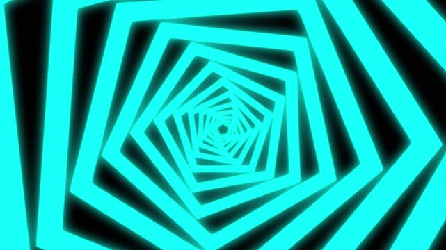 Cyan neon pentagon tunnel animation loop background. Glowing blue geometric shape infinite zoom motion. Dark retro polygonal vortex video backdrop.