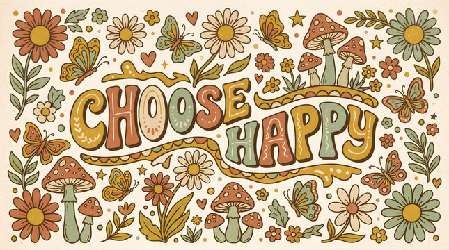 Choose happy quote typography poster design featuring retro seventies style colorful daisies mushrooms and butterflies on a textured vintage paper background for modern graphic art projects