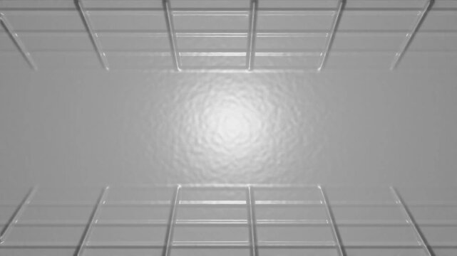 Gray minimalist room grid ceiling floor perspective. Clean white architectural space bright light animation. Empty modern interior pattern motion background.