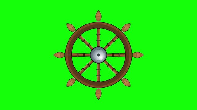 Animated wooden ship's steering wheel graphic gracefully rotates on a vibrant green screen background, perfect for nautical themed videos and motion design projects.