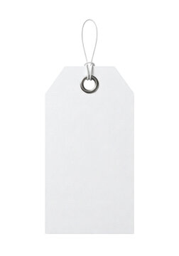 Blank white paper price tag with string and metal eyelet, isolated on transparent background for retail and branding mockups.