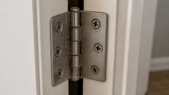 Close-up of ordinary residential interior door hinge showing slight dust accumulation and dry metal joint requiring routine lubrication, realistic minor household maintenance concept