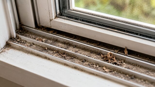 Close-up of residential sliding window track containing accumulated dust, dead leaves and small debris requiring routine cleaning, realistic household maintenance condition