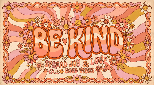 Retro poster design featuring the phrase be kind surrounded by groovy seventies style wavy lines flowers and smiley faces in warm orange pink color palette