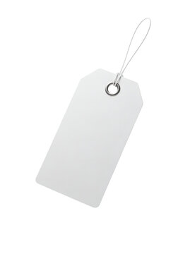 Blank white retail price tag with string and metal eyelet, isolated on a transparent background for product labeling and design mockups.