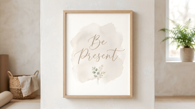 Be Present calligraphy quote inside a wooden photo frame hanging on a light textured wall with soft neutral tones and organic indoor plants in background