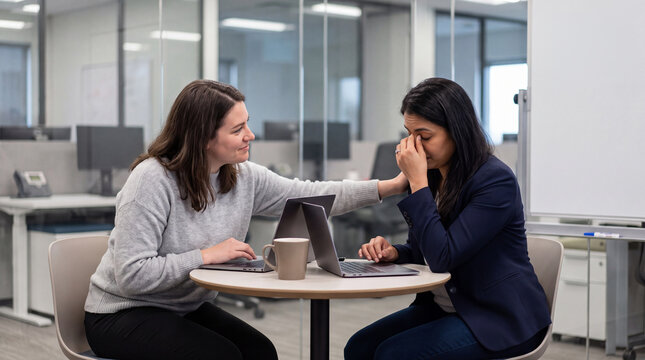 Coworker reassuring colleague in office setting showing support and empathy during work stress