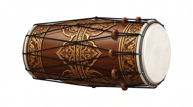 Traditional Javanese Kendhang Drum with Ornate Golden Carvings Isolated on White Background