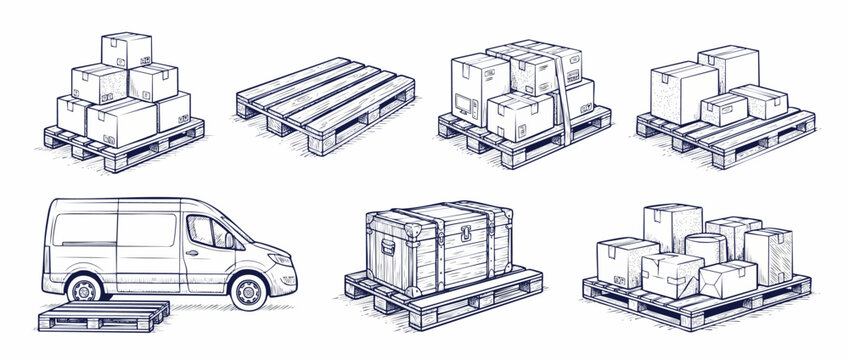 Cargo delivery box pallet illustration set for shipping logistics, freight transportation, and supply chain management isolated black and white line art sketch package icons stock vector.