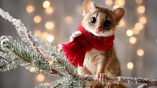 ?Adorable mouse in red scarf exploring snowy branch with festive lights
