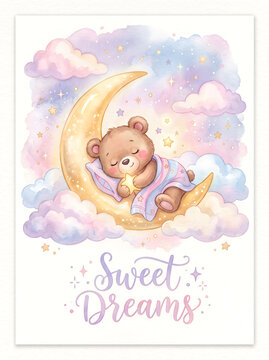 Cute teddy bear sleeping peacefully on a golden crescent moon amidst fluffy pink blue clouds and sparkling yellow stars in a whimsical dreamy watercolor art illustration