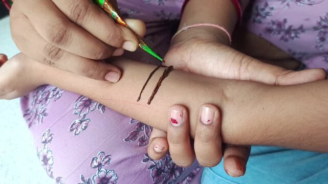 Indian Woman Applying Traditional Henna Mehndi Design on Hand Close Up