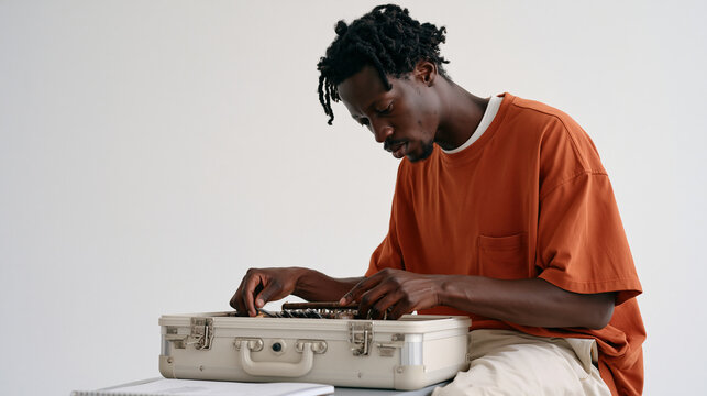 Eco tour guide opening a hard travel case at the start of a shift against a sterile white background, revealing a field recording mbira beside an instruction booklet, a family