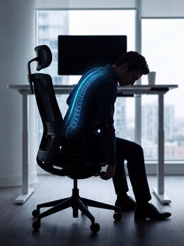 Man sitting with bad posture in office chair with spine highlighted, showing discomfort and poor ergonomic position