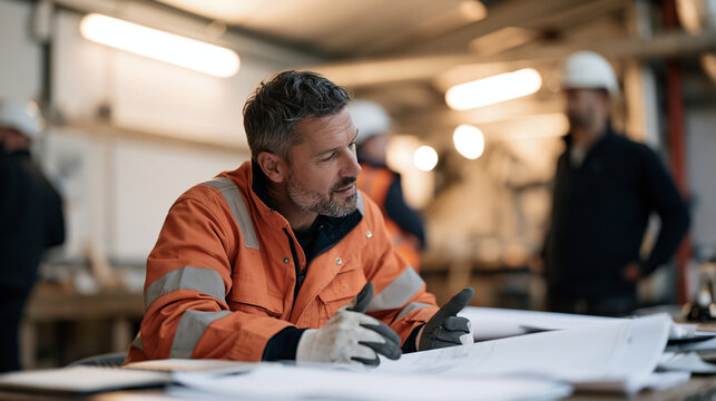 A tunnel construction foreman at a festival infrastructure site negotiating subcontract terms carefully inside a warmly lit site office, gloved hands gesturing mid sentence over