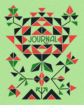 Geometric botanical vector textured illustration with stylized flowers and leaves, featuring red, green and dark triangle shapes. Can be used as cover for stationery, notebook, sketchbook or greeting 