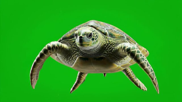 Sea turtle swims forward facing the camera over an isolated green backdrop.