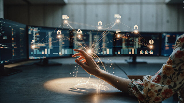 Hand interacts with glowing digital network nodes representing logistics data in a dark office environment. Lines connect icons of trucks, houses, and boxes amidst illuminated bar charts.