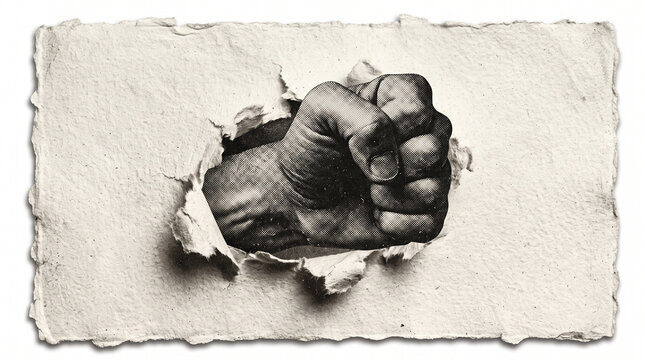 Human fist punching and breaking through a white paper wall.