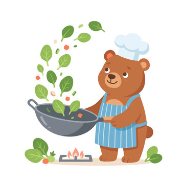 Cheerful Cartoon Bear Chef Tossing Fresh Leafy Greens and Vegetables in a Frying Pan over a Gas Flame Perfect for Kids Cooking and Culinary Illustrations