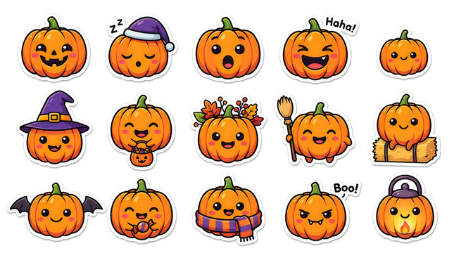 Cute cartoon pumpkins with halloween expressions and accessories