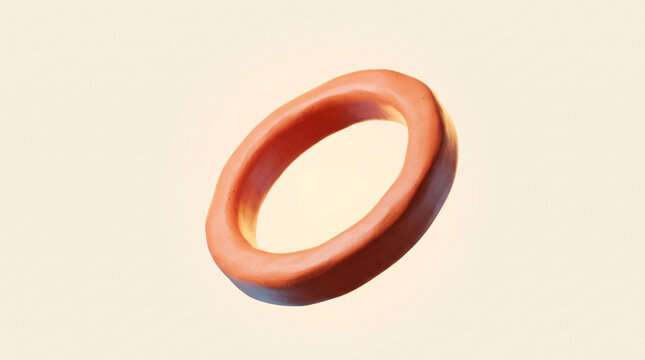 Smooth copper ring or toroid shape floating on a cream background with metallic band orange circle geometric form smooth surface