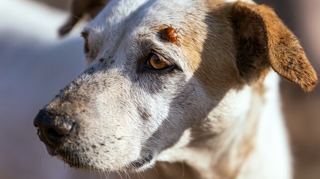 Mixed breed stray dog eating outdoors with an attached tick above the eye, highlighting veterinary care, animal health, parasite infection, wildlife risks, pet protection disease prevention concerns