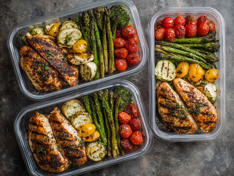 Weekly keto meal prep containers with grilled chicken and vegetables, top view