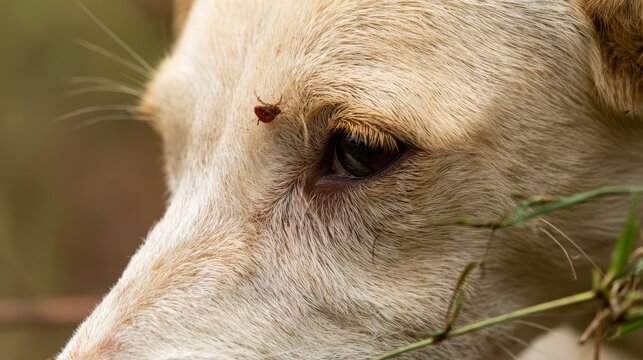 Mixed breed stray dog eating outdoors with an attached tick above the eye, highlighting veterinary care, animal health, parasite infection, wildlife risks, pet protection disease prevention concerns