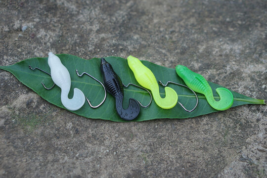 Colorful soft plastic fishing lures with hooks arranged on a green leaf, showcasing artificial bait in different colors for angling, freshwater fishing, outdoor recreation and fishing tackle.