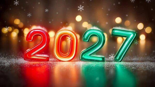 ?Colorful neon 2027 sign sparkling with holiday lights and snowflakes in festive display