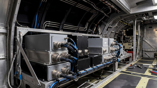 Interior of an aircraft fuselage showing avionics equipment and wired connections