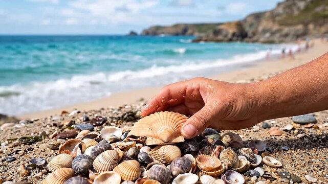 Tracking shot of hand placing seashell among pile on sandy beach shore with ocean waves and pebbles, daytime summer scene showing tactile close up of shells