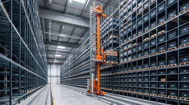 Automated warehouse system with high bay storage and robotic stacker crane