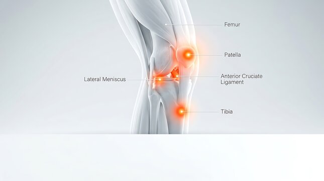 Human knee anatomy illustration showing femur patella lateral meniscus anterior cruciate ligament tibia bones joints medical diagram educational resource