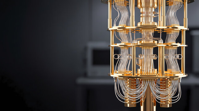 Golden chandelier core of a quantum computer showing complex coaxial wiring