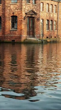 Reflection of a historic brick building with arched in calm water at golden hour lighting brick architecture window reflection