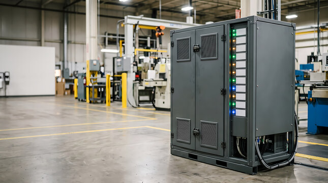 Industrial electrical enclosure and testing cabinet with LED status indicators in a factory