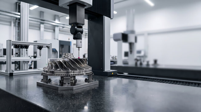 Coordinate measuring machine probing an aerospace turbine blisk on a granite table