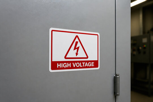 A high voltage warning sign is displayed on a gray industrial cabinet or panel in an indoor setting.